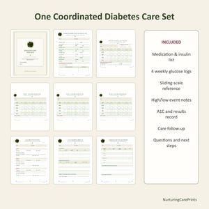 May include: A coordinated diabetes care set featuring a collection of printable tracking sheets. The set includes a medication list, weekly glucose logs, sliding-scale reference, event notes, A1C records, and care follow-up and question forms.