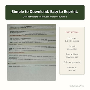 May include: A digital document with the text Simple to Download. Easy to Reprint. Clear instructions are included with your purchase. The document details print settings for US Letter 8.5 x 11 inches, portrait orientation, and printing at 100%.