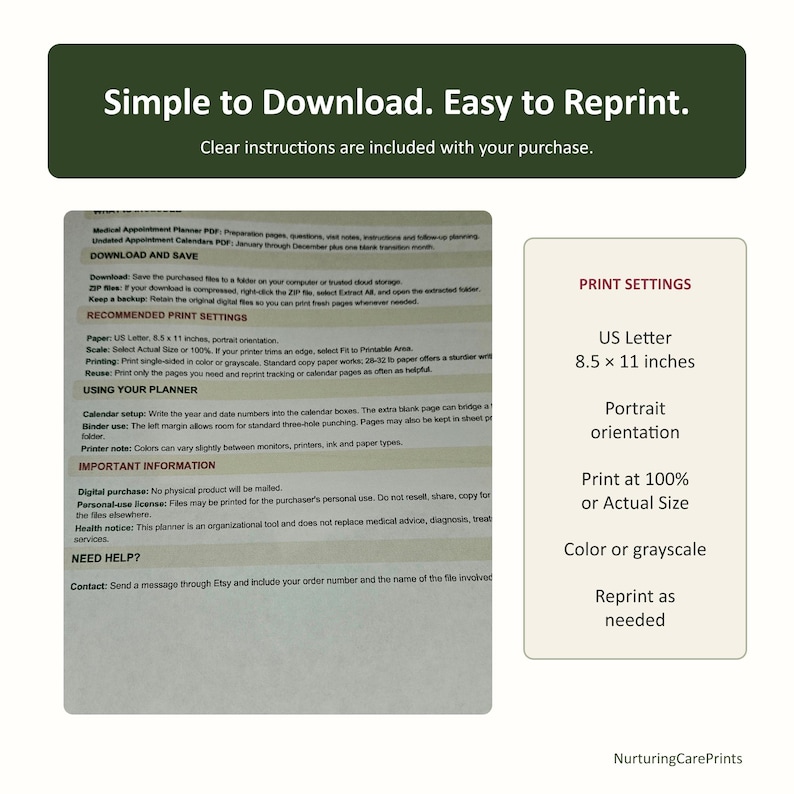 May include: A digital document with the text Simple to Download. Easy to Reprint. Clear instructions are included with your purchase. The document details print settings for US Letter 8.5 x 11 inches, portrait orientation, and printing at 100%.