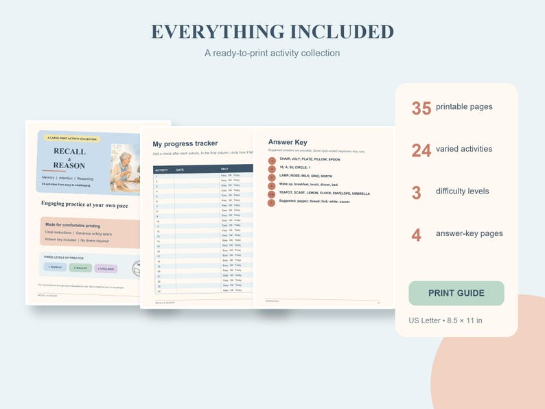 K&ouml;nnte beinhalten: Eine druckfertige Aktivit&auml;tensammlung mit dem Titel Recall & Reason, bestehend aus 35 druckbaren Seiten, 24 abwechslungsreichen Aktivit&auml;ten, 3 Schwierigkeitsstufen und 4 L&ouml;sungsseiten. Das Dokument enth&auml;lt einen Fortschrittstracker und eine Druckanleitung.