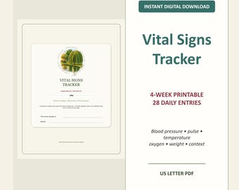 4-Week Vital Signs Tracker Printable: Blood Pressure, Pulse, Temperature, Oxygen and Weight Log