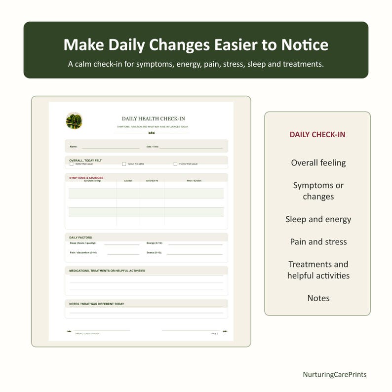 May include: A daily health check-in printable form with a dark green header reading Make Daily Changes Easier to Notice. The document includes sections for symptoms, energy, pain, stress, sleep, and treatments with fields for name, date, and notes.