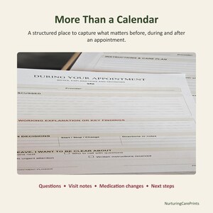 May include: A medical appointment planner with printed sections titled During Your Appointment, Notes, Explanations and Decisions, Working Explanation or Key Findings, and I Want To Be Clear About. The paper includes lines for writing and checkboxes.