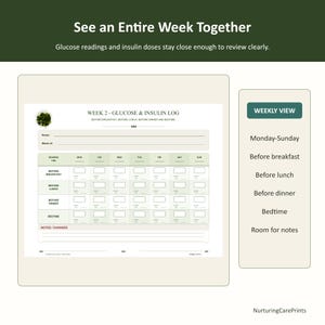May include: A printed glucose and insulin log sheet titled Week 2 - Glucose & Insulin Log with fields for name, week, and daily readings before breakfast, lunch, dinner, and bedtime. The layout includes a weekly view from Monday to Sunday.