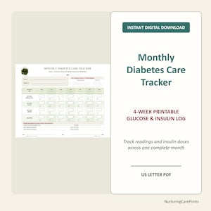 May include: A digital monthly diabetes care tracker template featuring a 4-week printable glucose and insulin log. The document includes sections for name, week, medication quick reference, and daily readings for before breakfast, lunch, dinner, and bedtime.