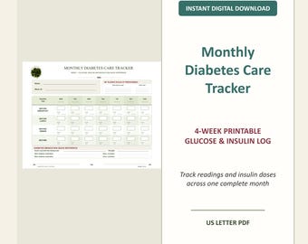 Monthly Diabetes Log, 4-Week Glucose Insulin Tracker, Sliding Scale Reference (PDF)