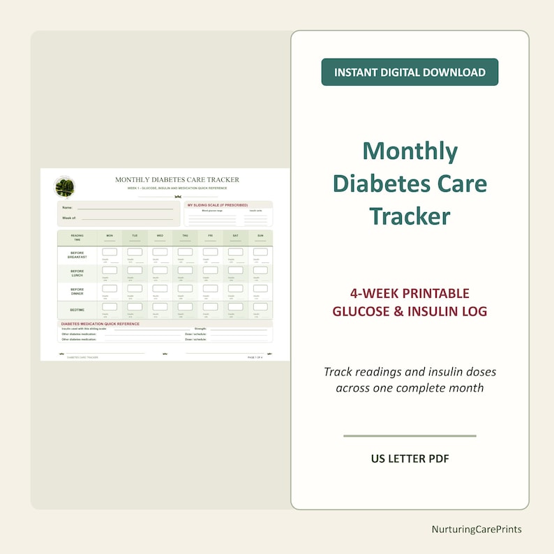 May include: A digital monthly diabetes care tracker template featuring a 4-week printable glucose and insulin log. The document includes sections for name, week, medication quick reference, and daily readings for before breakfast, lunch, dinner, and bedtime.