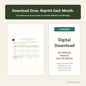 May include: A digital monthly diabetes care tracker template in landscape format. The document includes fields for name, week, glucose levels, and daily blood sugar readings before and after meals. Text reads: Download Once. Reprint Each Month.