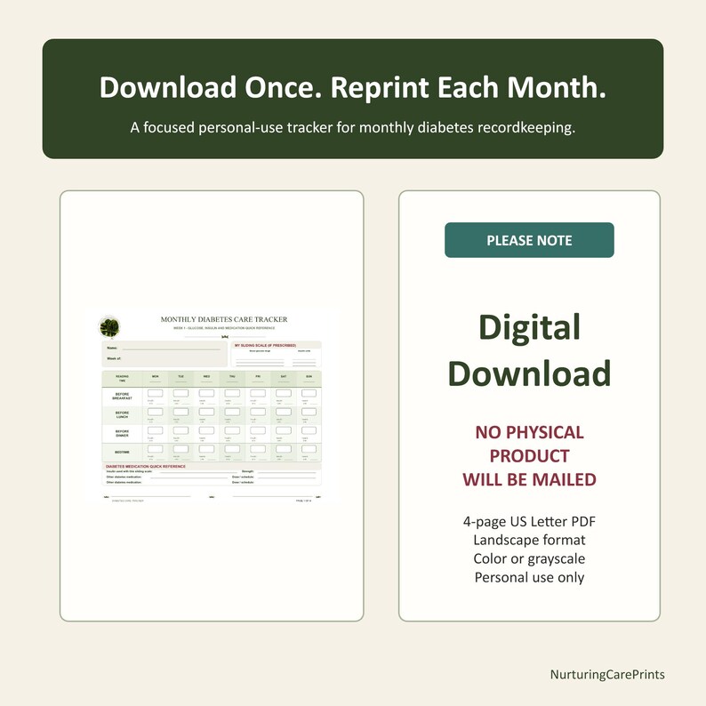 May include: A digital monthly diabetes care tracker template in landscape format. The document includes fields for name, week, glucose levels, and daily blood sugar readings before and after meals. Text reads: Download Once. Reprint Each Month.