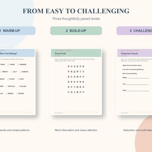 K&ouml;nnte beinhalten: Ein dreiseitiges kognitives &Uuml;bungsset mit dem Titel FROM EASY TO CHALLENGING. Die Seiten sind mit 1 WARM-UP, 2 BUILD-UP und 3 CHALLENGE beschriftet und enthalten eine Which One Does Not Belong-Aufgabe, ein Wortgitter und ein Deduktionsr&auml;tsel.