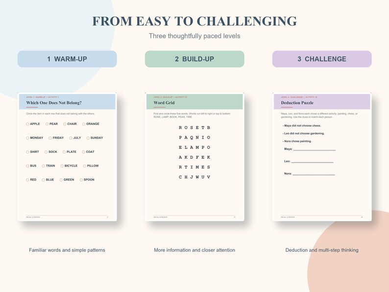 K&ouml;nnte beinhalten: Ein dreiseitiges kognitives &Uuml;bungsset mit dem Titel FROM EASY TO CHALLENGING. Die Seiten sind mit 1 WARM-UP, 2 BUILD-UP und 3 CHALLENGE beschriftet und enthalten eine Which One Does Not Belong-Aufgabe, ein Wortgitter und ein Deduktionsr&auml;tsel.
