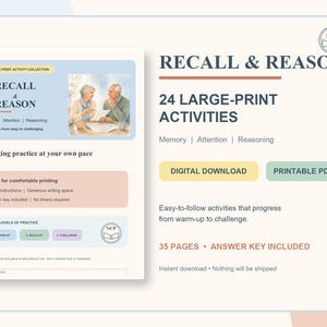 K&ouml;nnte beinhalten: Eine digitale Aktivit&auml;tensammlung mit dem Titel Recall & Reason mit 24 gro&szlig;gedruckten &Uuml;bungen f&uuml;r Ged&auml;chtnis, Aufmerksamkeit und logisches Denken. Das Dokument enth&auml;lt klare Anweisungen, viel Platz zum Schreiben und einen L&ouml;sungsschl&uuml;ssel.
