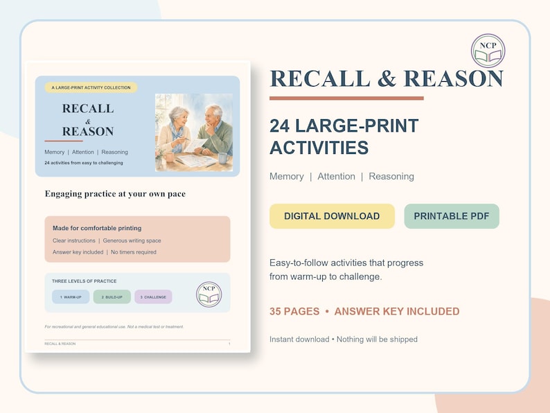 K&ouml;nnte beinhalten: Eine digitale Aktivit&auml;tensammlung mit dem Titel Recall & Reason mit 24 gro&szlig;gedruckten &Uuml;bungen f&uuml;r Ged&auml;chtnis, Aufmerksamkeit und logisches Denken. Das Dokument enth&auml;lt klare Anweisungen, viel Platz zum Schreiben und einen L&ouml;sungsschl&uuml;ssel.