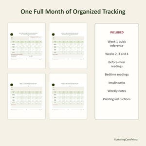 May include: A digital diabetes care tracker set titled One Full Month of Organized Tracking. It includes four weekly log sheets for glucose, insulin, and notes, plus a list of included items like quick reference, readings, and printing instructions.