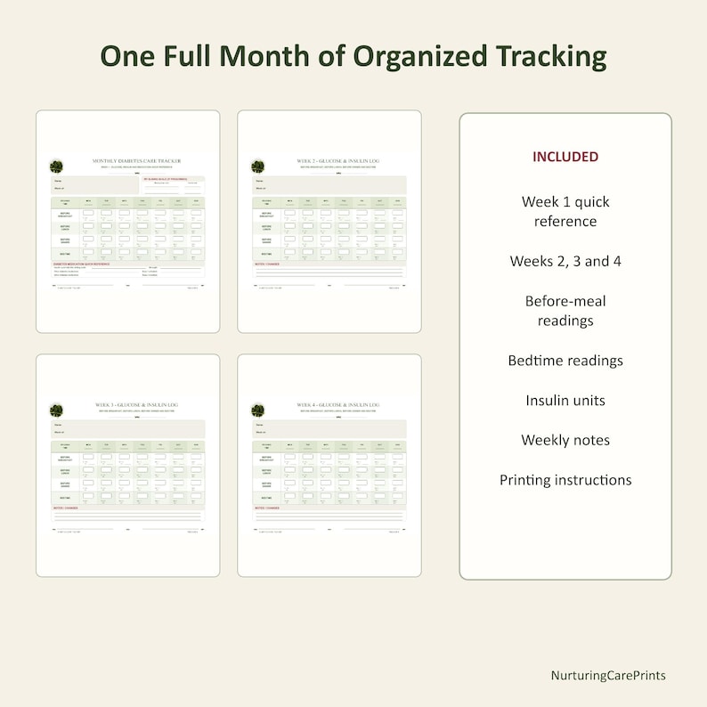 May include: A digital diabetes care tracker set titled One Full Month of Organized Tracking. It includes four weekly log sheets for glucose, insulin, and notes, plus a list of included items like quick reference, readings, and printing instructions.