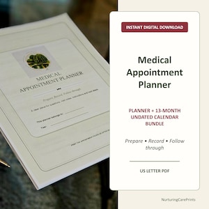 May include: A digital medical appointment planner document with a white cover featuring a green plant graphic and the text Medical Appointment Planner, Prepare, Record, Follow through, and lines for owner and year, alongside a summary card.