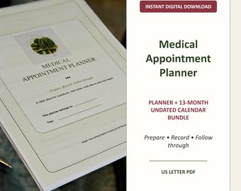 Medical Appointment Planner Printable, Undated Health Calendar and Visit Notes Bundle, Digital Download