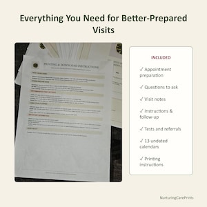 May include: A digital medical appointment planner set featuring a white instruction sheet with black text and a list of included items such as appointment preparation, questions to ask, visit notes, instructions, follow-up, tests, referrals, and 13 undated calendars.