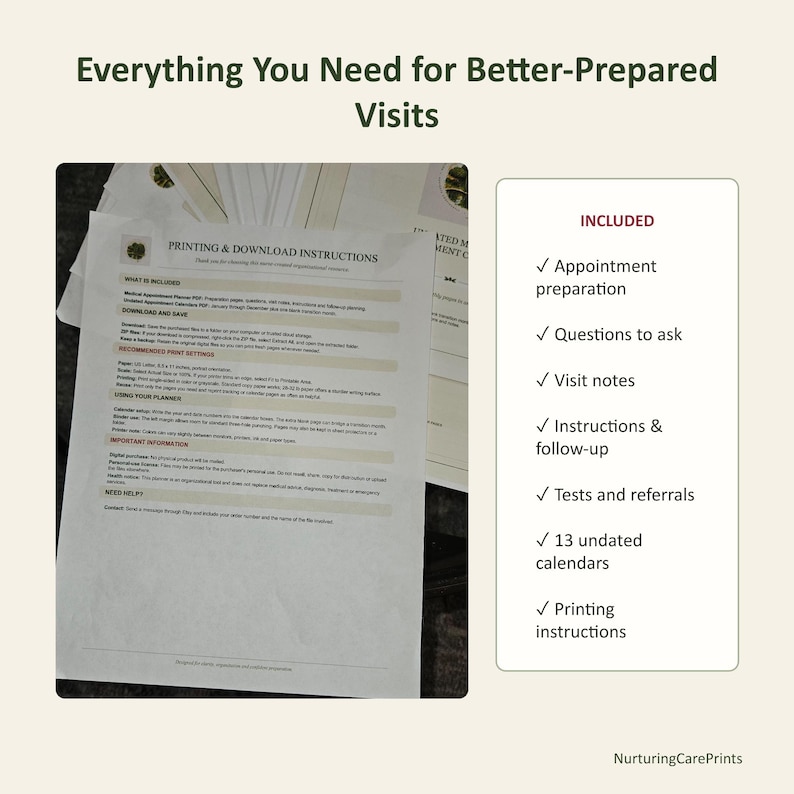 May include: A digital medical appointment planner set featuring a white instruction sheet with black text and a list of included items such as appointment preparation, questions to ask, visit notes, instructions, follow-up, tests, referrals, and 13 undated calendars.