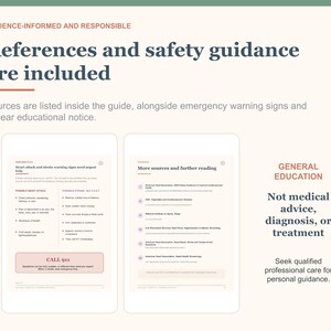May include: An educational guide featuring text titled Evidence-Informed and Responsible, References and safety guidance are included. It displays two pages showing heart attack and stroke warning signs, emergency instructions, and sources.