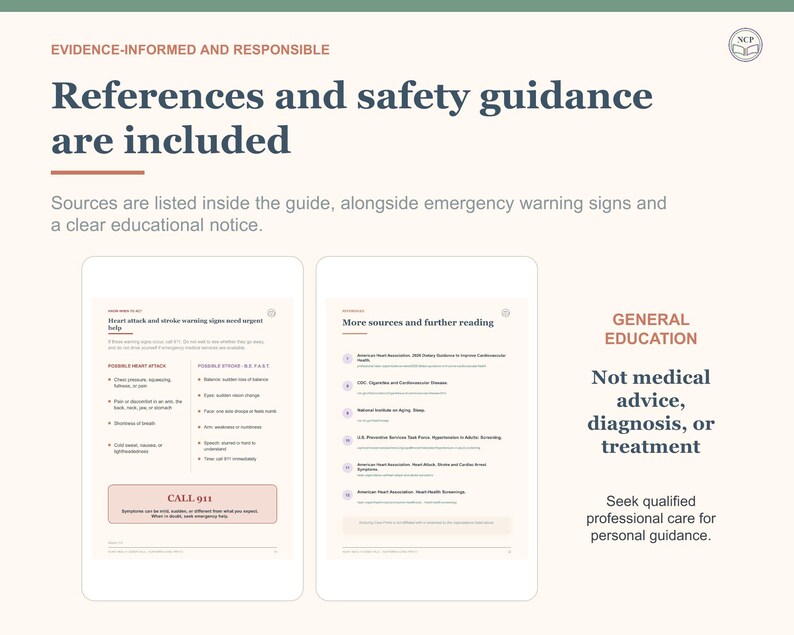 May include: An educational guide featuring text titled Evidence-Informed and Responsible, References and safety guidance are included. It displays two pages showing heart attack and stroke warning signs, emergency instructions, and sources.