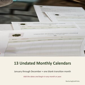 May include: A set of 13 undated monthly appointment calendar sheets printed on white paper. Each sheet features a grid layout with headers for month, year, and days of the week, plus a small circular graphic in the top left corner of each page.