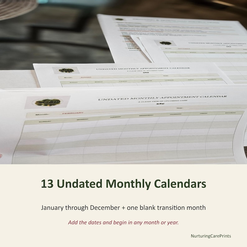 May include: A set of 13 undated monthly appointment calendar sheets printed on white paper. Each sheet features a grid layout with headers for month, year, and days of the week, plus a small circular graphic in the top left corner of each page.