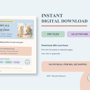 K&ouml;nnte beinhalten: Eine digitale Aktivit&auml;tensammlung zum Herunterladen mit dem Titel Recall & Reason, die &Uuml;bungen in Gro&szlig;druck f&uuml;r Ged&auml;chtnis, Aufmerksamkeit und logisches Denken enth&auml;lt. Das Dokument umfasst 24 Aktivit&auml;ten, klare Anweisungen und drei &Uuml;bungsstufen.