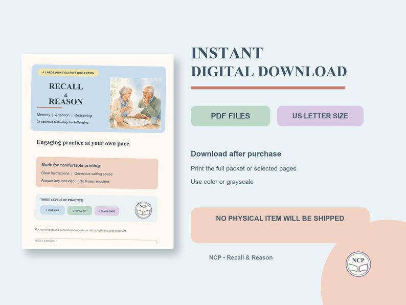K&ouml;nnte beinhalten: Eine digitale Aktivit&auml;tensammlung zum Herunterladen mit dem Titel Recall & Reason, die &Uuml;bungen in Gro&szlig;druck f&uuml;r Ged&auml;chtnis, Aufmerksamkeit und logisches Denken enth&auml;lt. Das Dokument umfasst 24 Aktivit&auml;ten, klare Anweisungen und drei &Uuml;bungsstufen.