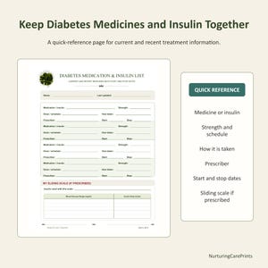 May include: A printable diabetes medication and insulin tracking form featuring fields for medication names, strengths, dosages, schedules, prescriber details, and start and stop dates, plus a sliding scale section for blood glucose and insulin units.
