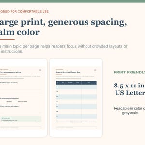 May include: A digital wellness planner template featuring large print and generous spacing. The layout includes a movement plan and a seven-day wellness log. Text reads: Designed for comfortable use, Large print, generous spacing, calm color, 8.5 x 11 in. US Letter, Print friendly.