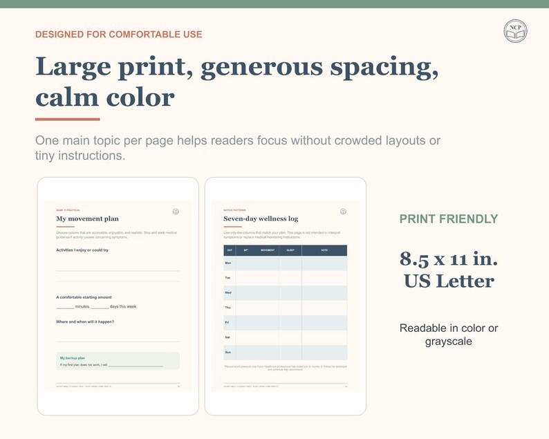 May include: A digital wellness planner template featuring large print and generous spacing. The layout includes a movement plan and a seven-day wellness log. Text reads: Designed for comfortable use, Large print, generous spacing, calm color, 8.5 x 11 in. US Letter, Print friendly.