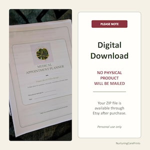 May include: A digital medical appointment planner document with a willow tree illustration and the text Medical Appointment Planner, Prepare, Record, Follow through. A separate white panel states Digital Download, No physical product will be mailed.