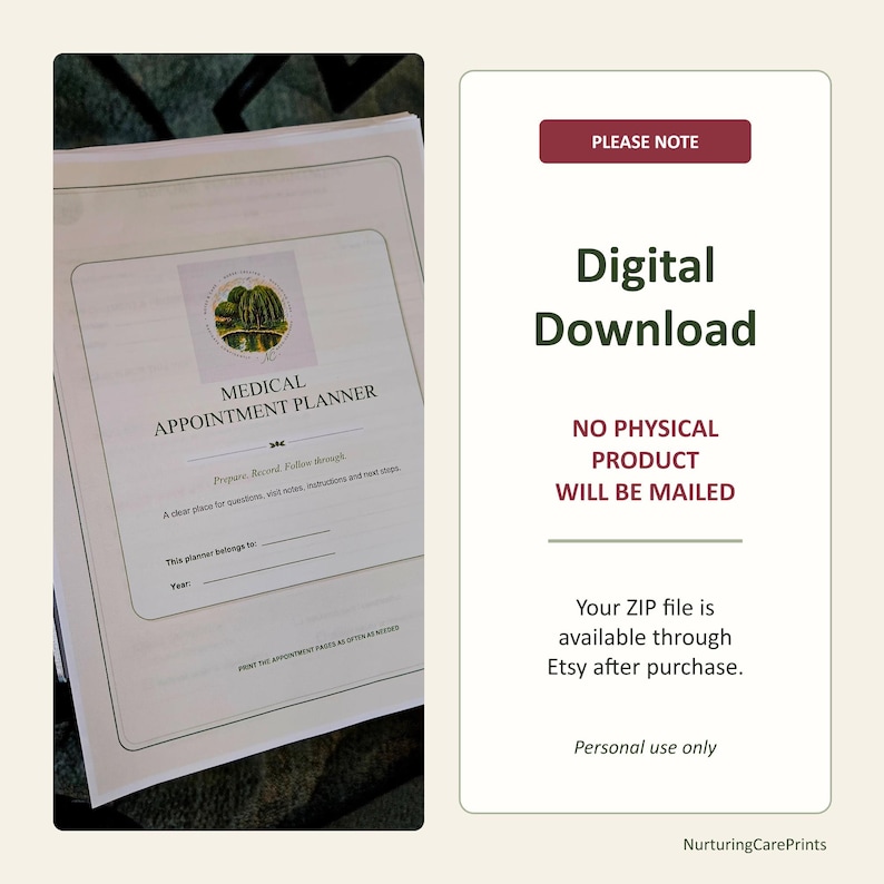 May include: A digital medical appointment planner document with a willow tree illustration and the text Medical Appointment Planner, Prepare, Record, Follow through. A separate white panel states Digital Download, No physical product will be mailed.
