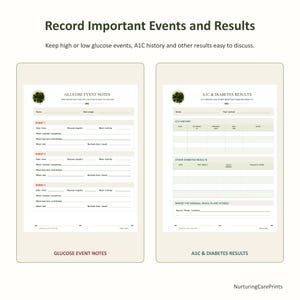 May include: Two printable tracking sheets titled Record Important Events and Results. The left sheet is for Glucose Event Notes, and the right sheet is for A1C & Diabetes Results. Both feature sections for names, dates, and detailed medical data.