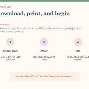 May include: An instructional graphic with the text Simple to use, Download, print, and begin. It outlines a three-step process: 1 Download, 2 Print on US Letter paper at 100%, and 3 Use. It includes a note: Digital product - no physical item will be shipped.