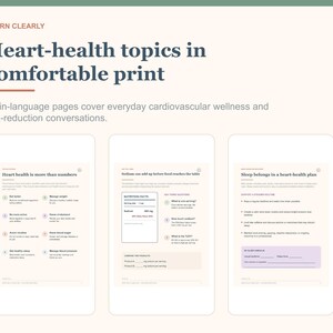 May include: A set of three educational documents titled Learn Clearly, Heart-health topics in comfortable print. The pages feature dark blue text on a light cream background, covering cardiovascular wellness, nutrition facts, and sleep health.