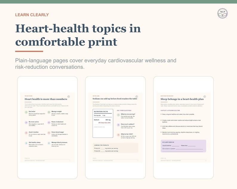 May include: A set of three educational documents titled Learn Clearly, Heart-health topics in comfortable print. The pages feature dark blue text on a light cream background, covering cardiovascular wellness, nutrition facts, and sleep health.