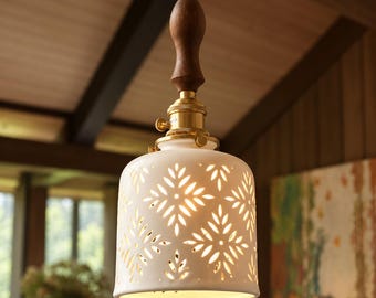 Handmade Walnut Wood Pendant Light, White Ceramic Shade, Nordic LED Lamp (Knob Switch)
