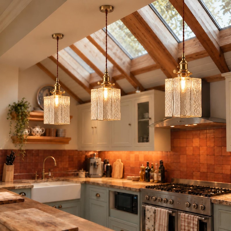 Vintage Ribbed Glass Pendant Light, Brass Hanging Ceiling Lamp, Nordic ...