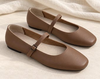 Brown Leather Mary Jane Flats for Women, Square Toe Buckle Strap Shoes, 1cm Low Heel, Vintage Ballet Style for Spring/Fall, Work and Travel