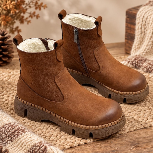 Brown Leather Shearling Lined Ankle Boots, Cozy Winter Boots for Women, Chunky Heel Leather Boots, Warm Snow Boots, Handmade Style Boots