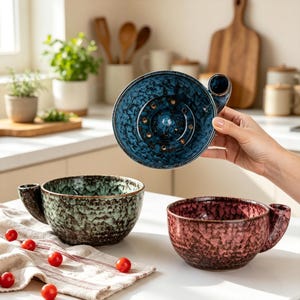 Peut inclure: Trois bols à raser en céramique avec une finition émaillée texturée et marbrée. Un bol est bleu profond avec un intérieur perforé, tandis que les autres sont vert menthe et rose poudré. Chaque bol possède une petite poignée latérale intégrée.