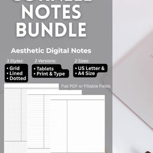 Op de afbeelding: Een digitale productafbeelding van een Cornell Notes Bundle met witte tekst op een grijze achtergrond. Het toont 3 stijlen: Grid, Lined, Dotted; 2 versies: Tablets, Print & Type; en 2 formaten: US Letter & A4 Size. Bevat Flat PDF of Fillable Fields.