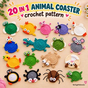 Peut inclure: Une collection de 20 dessous de verre au crochet en forme d'animaux, incluant une tortue verte, un canard jaune, un cochon rose, une créature violette, un oiseau blanc, un poulet bleu, un dinosaure bleu sarcelle, une grenouille et une araignée.