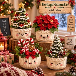 May include: Four crocheted holiday decorations in cream-colored pots with embroidered faces. Includes a Christmas tree with a star, a red poinsettia, a candy cane arrangement with a gingerbread heart, and a snow-dusted tree with a pinecone.