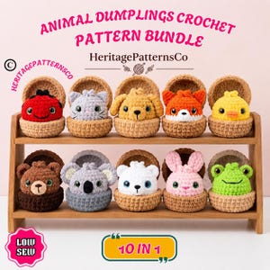 Virkmönster för 10 djurdumplings, handledning för kawaii amigurumi-plysch utan sömnad (PDF-nedladdning)