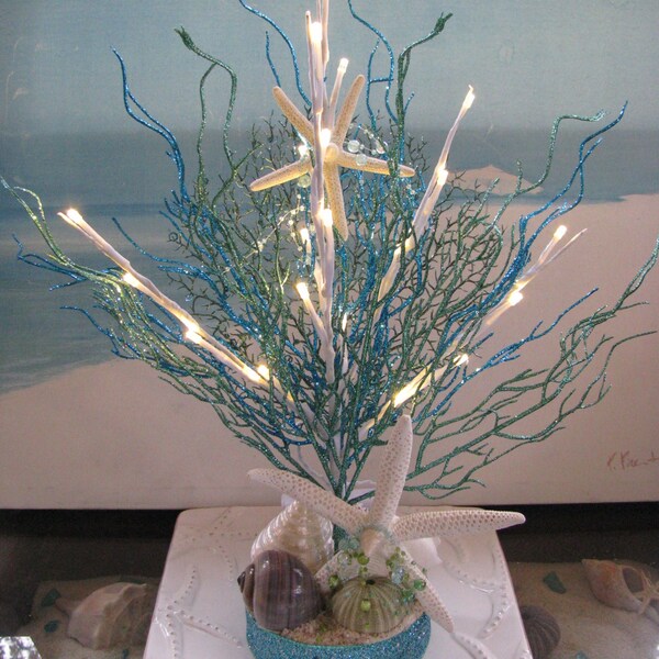 Beach Wedding Centerpiece~Seashell Starfish Centerpiece~Sea Fan Glitter Coral Centerpiece