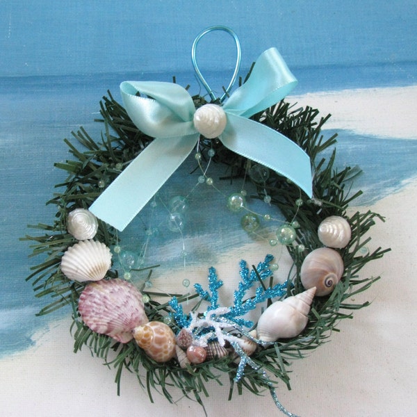 Mini Seashell Christmas Wreath Ornament- Coastal Beach Holiday Decor