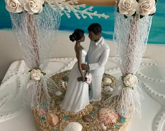 Black bride and groom pergola beach wedding cake topper